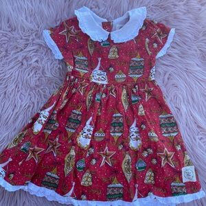Olive Mae Retro Santa Ornaments Girls Christmas Dress 3T Dress Collared.